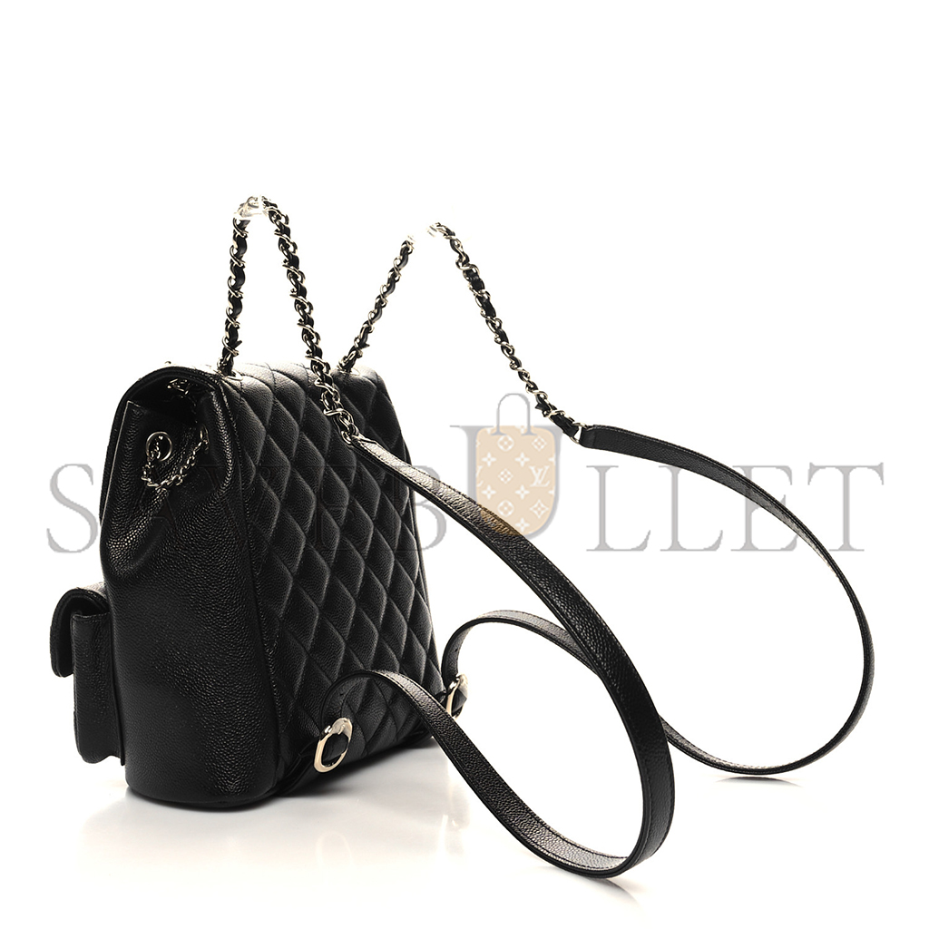 Ch*el master shiny caviar quilted medium duma pockets drawstring backpack black (20.5*20*11.5cm)